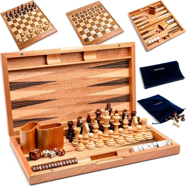 Pointworks 17 Inch Chess Checkers Backgammon Set for adults, Wooden chess set combo, portable folding two sided board multi game design, maple walnut inlay with large weighted pieces, acrylic checkers