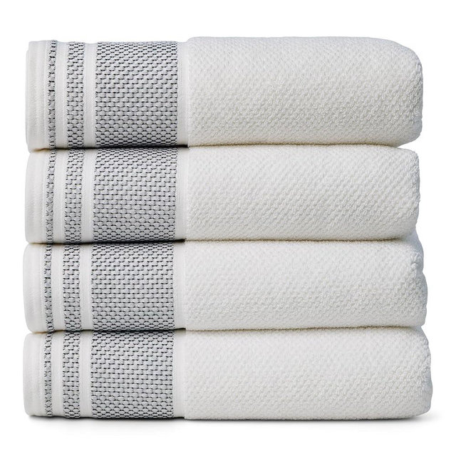 Texere 100% Organic Cotton Rice Weave Jacquard 700 GSM Luxury Bath Towel Sets - 4 Large Bath Towels (Rice Weave, BRT Wht w/Blk, 4 Bath Towels)