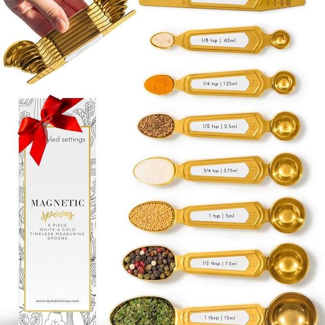 White and Gold Measuring Spoons with Leveler - Featuring 8PC Upgraded Style, Dual-Sided, Stackable, Stainless Magnetic Measuring Spoons Set - Fits in Spice Jars, White and Gold Kitchen Accessories