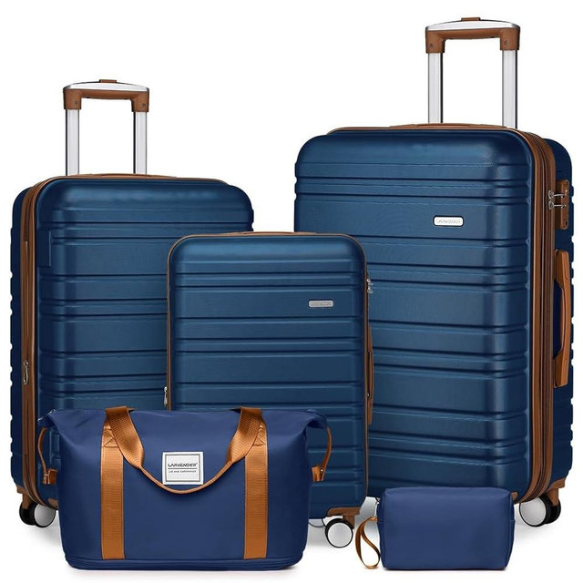 LANGSTON 5 Piece Luggage Set 3 Trolleys Large Medium Small with Travel Bag and Cosmetic Case TSA Lock 360 Spinner Wheels Adjustable Telescopic Handle Lightweight Elegant ABS Hard Shell,Blue