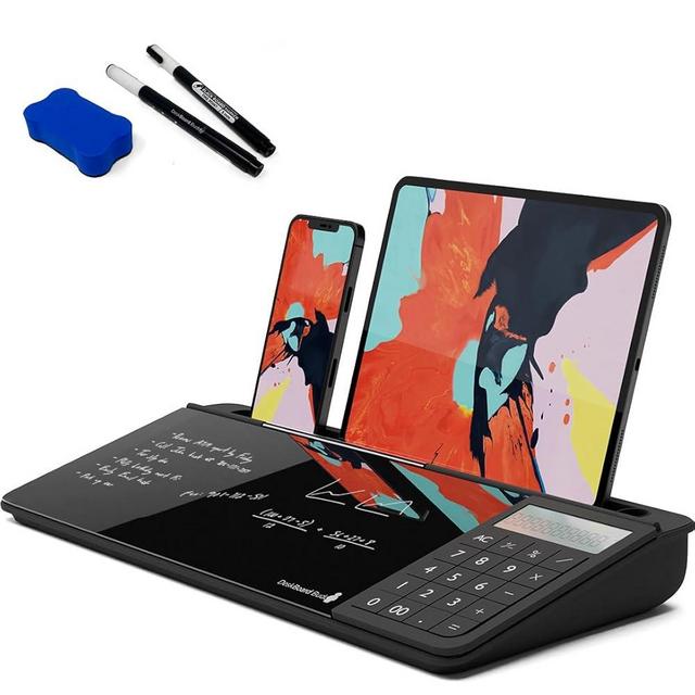 DeskBoard Buddy Desktop Whiteboard with Calculator + 2 Markers - Black Desk Dry Erase Easel Board Pad for Computer Table Top - Small Size, Portable, Glass Tabletop Notepad Bord with Mini Marker Stand
