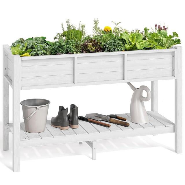YITAHOME 48x18x30in Raised Garden Bed, Weather Resistant Poly Lumber Planter Box with Legs & Storage Shelf, Elevated Garden Bed for Yard, Garden, Balcony - White
