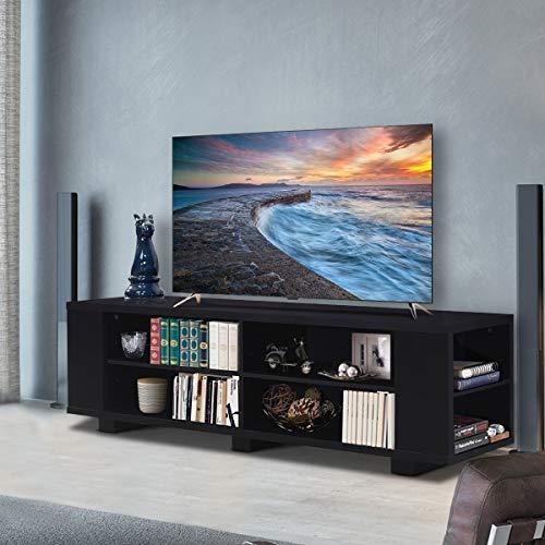 Tangkula TV Stand Modern Wood Storage Console Entertainment Center for TV up to 59", Home Living Room Furniture with 8 Open Storage Shelves (Black)
