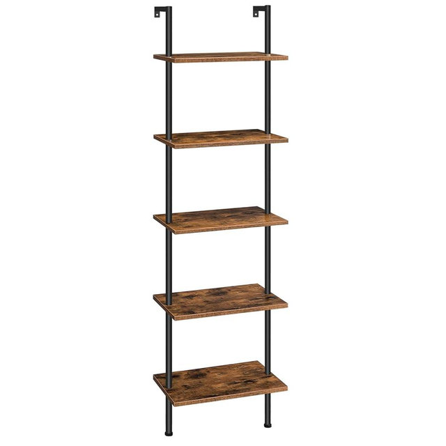 HOOBRO DIY Ladder Shelf, 5-Tier Wooden Wall Mounted Bookshelf, Narrow Bookcase, Display Shelf, Storage Rack, Plant Stand, for Living Room, Bedroom, Study, Balcony, Rustic Brown and Black BF531CJ01