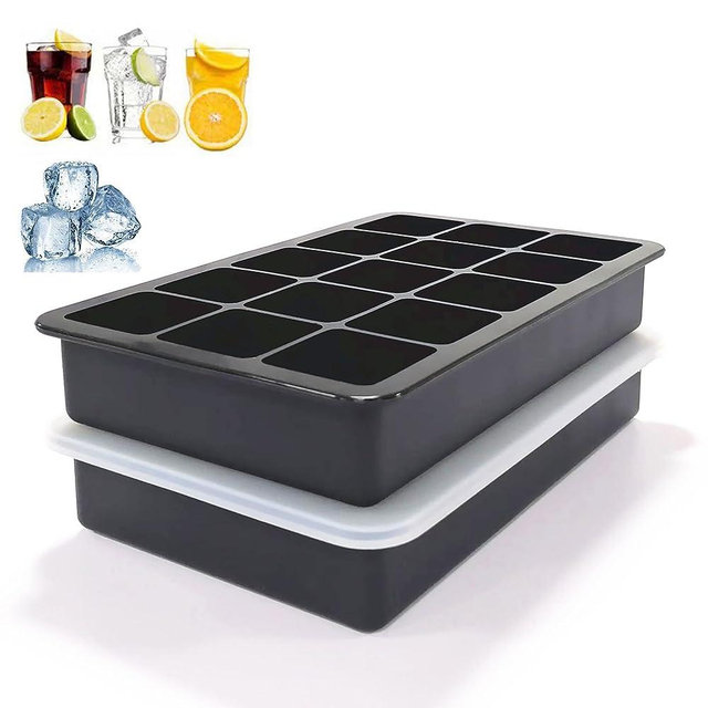 Silicone Ice Cube Trays Set of 2, Easy Release 15 Square Ice Trays with Removable Lid & Bin Reusable Freezer Ice Trays Stackable for Whiskey, Cocktails and Homemade, Keep Drinks Chilled, BPA Free