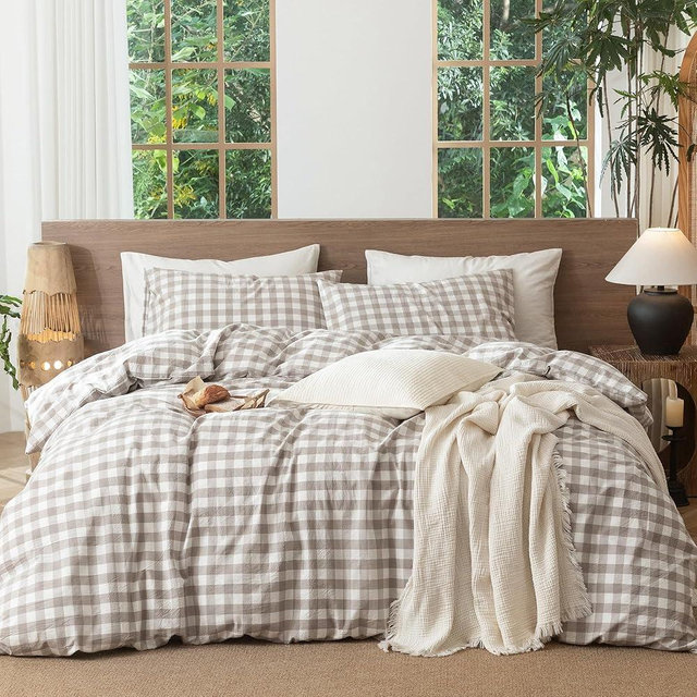 MooMee Gingham Duvet Cover Set 100% Washed Cotton Linen Like Textured Breathable Durable Soft Comfy Modern Checkered Design (Buffalo Plaid Tannish Linen Grey, Queen 90"x90")