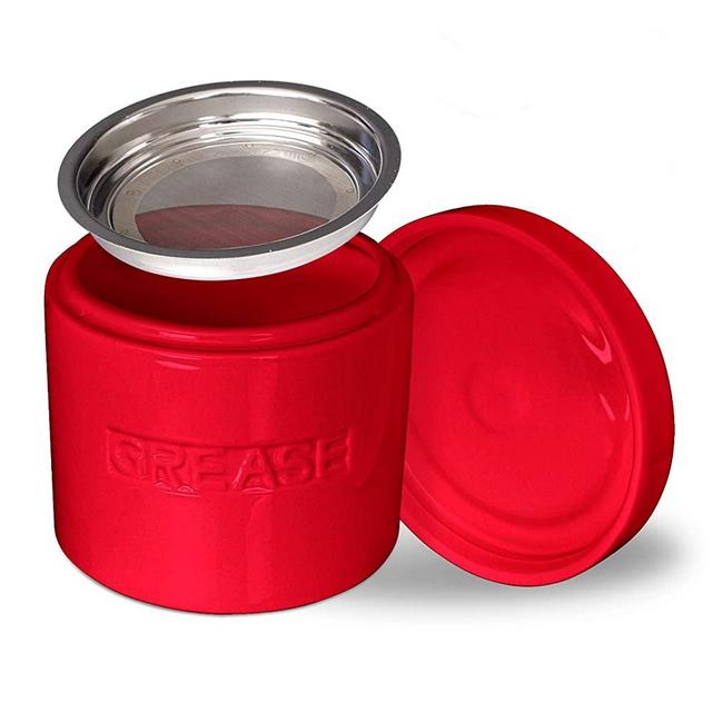 Bacon Grease Oil Container Storage Can Keeper w/Stainless Strainer Paleo Keto Pour Spout Ceramic Porcelain Stoneware Fat Separator Filter Multiple Colors RED