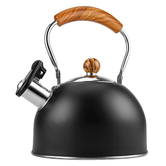 Whistling Tea Kettles Stovetop, ENLOY 2.3 Quart Food Grade Stainless Steel Teapot with Wood Pattern Anti-Hot Handle, Loud Whistle and Anti-Rust for Tea, Coffee, Milk etc, Gas Electric Applicable