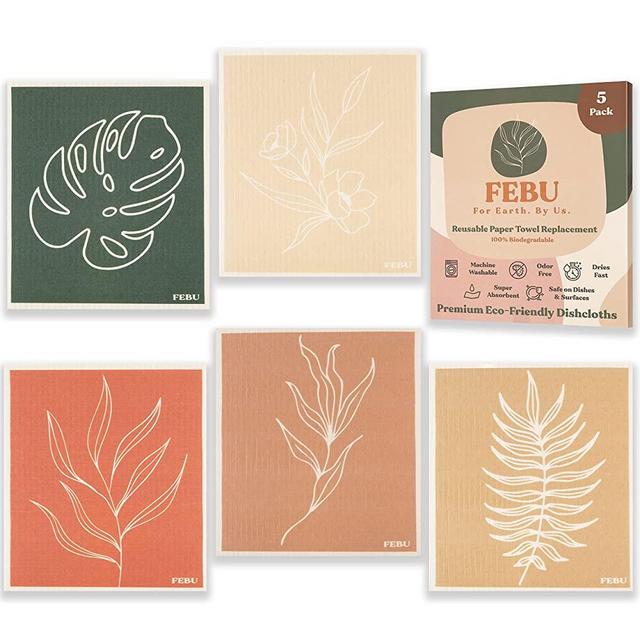 FEBU Swedish Dishcloths for Kitchen | 5 Pack Floral Zero Waste Gift | Cellulose Sponge Cloths | Non Scratch Reusable Paper Towels | No Odor, Biodegradable and Reusable Kitchen Dish Rags
