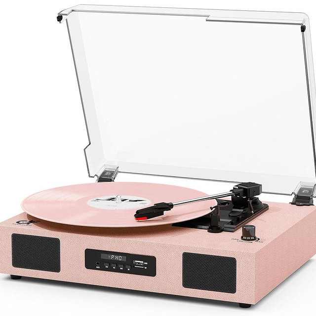 Vinyl Record Player Vintage Wireless Bluetooth Record Player with Enhanced Speakers, USB Recording, LP Player with 3-Speed Belt Drive Turntable Support RCA Line-Out AUX Input EQ,Pink