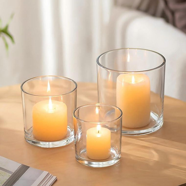 NUPTIO Hurricane Glass Candle Holders: Set of 3 Thick Glass Pillar Candle Holder - Clear Vases for Wedding Table Centerpieces Decor