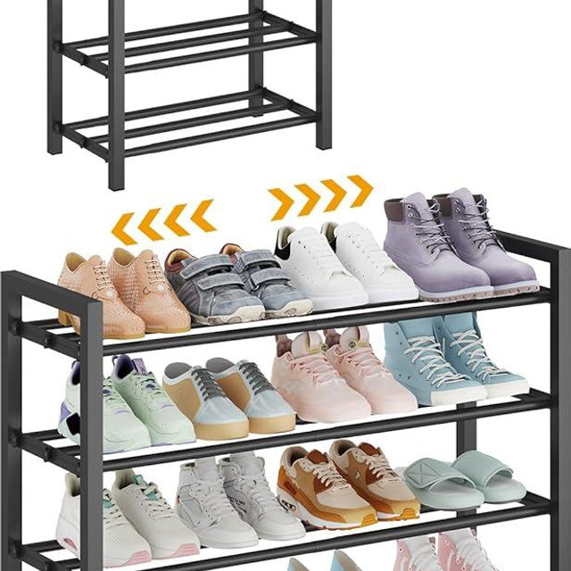 Detsuk 4-Tier Expandable Shoe Rack – Adjustable Metal Shoe Organizer for Closet, Entryway & Mudroom – Stackable, Heavy-Duty Storage, Black