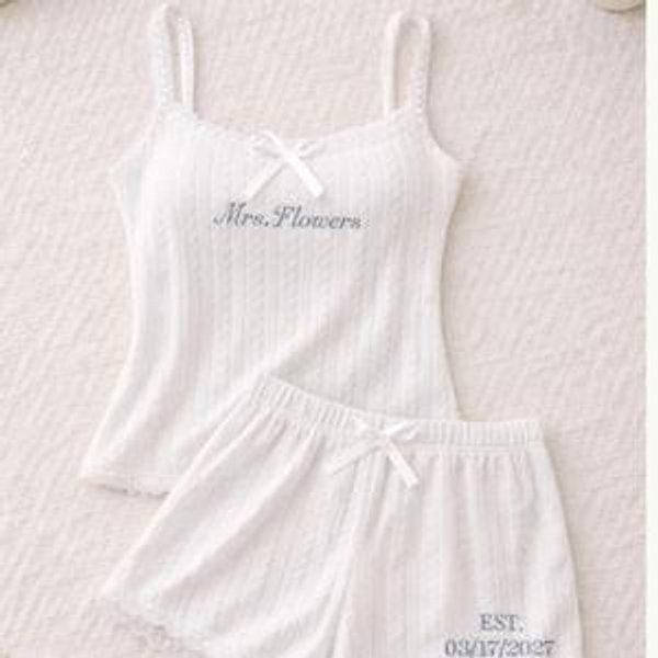 Personalized Bride Pajama Set, Ribbed Tank and Shorts, Embroidered Bridal Sleepwear - White - M, Full Set-Embroidered