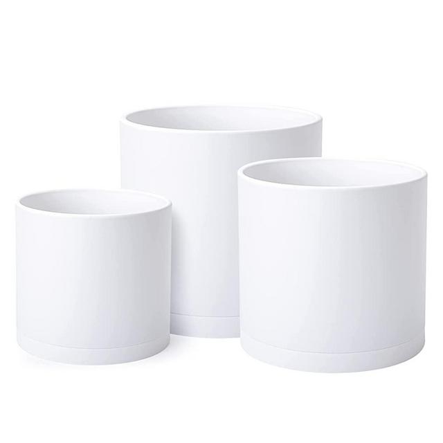 8 Inch 10 Inch 12 Inch, Set of 3 Plastic Planter Pots for Plants with Drainage Hole and Seamless Saucers, White Color, X-Large, 74-E-XL-1