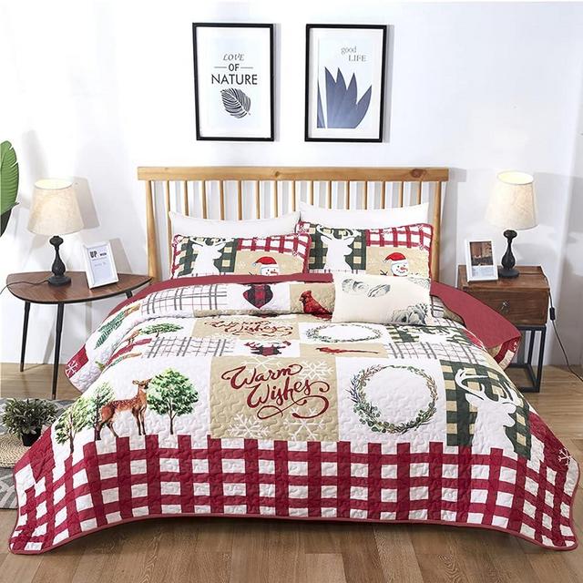 WONGS BEDDING Christmas Quilt Set Queen Rustic Christmas Santa Tree Snowman Cardinal Holly Pattern Bedding Quilted Bedspread Coverlet with 2 Pillow Shams for All Season, Soft Microfiber Quilt 90"x96"