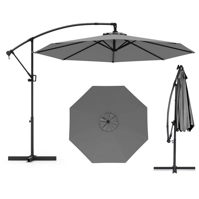 Costway 10 FT Patio Offset Umbrella w/ X-shaped Base Infinite Tile & 360° Rotation Grey