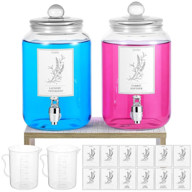 2 Sets 3 L Glass Laundry Detergent Dispenser,Liquid Laundry Detergent Container with Stand,Lids,Labels & Measuring Cup Liquid Fabric Softener Dispenser for Organization and Storage