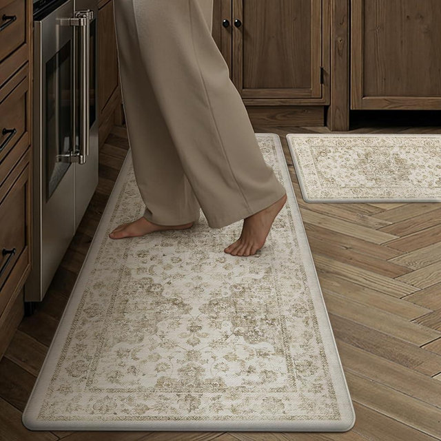 WondRg Neutral Kitchen Mats 2PCS Anti Fatigue Mat for Cushioned Brown Vintage Kitchen Mats for Floor Waterproof Non-Slip Comfort Standing Rug for Sink Laundry Office 17.3"×47"+17.3"×30"