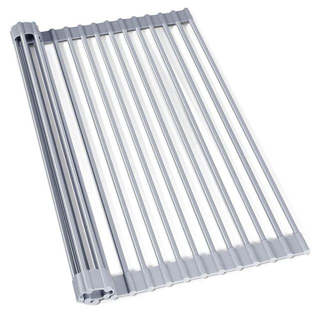 TBMax Roll Up Dish Drying Rack, Food-Grade Silicone-Coated Stainless Steel Over The Sink Rack, Large 20.4"x13" Heavy Duty Roll Up Sink Drying Rack -Gray