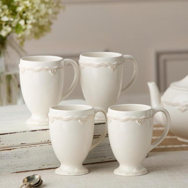 Heritage Scroll Ivory Stoneware Mugs, Set of 4 – Classic Footed Cups with Sculpted Scroll Design – Elegant Tea or Coffee Mugs for Daily Use or Entertaining