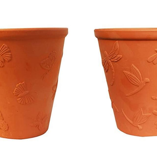 New for Spring 2020 Large Set of 2 Natural Terracotta Garden Pots Butterfly and Dragonfly Embellished
