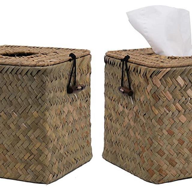 Yesland 2 Pack Square Seagrass Facial Tissue Box - Decorative Woven Paper Holder Napkin Dispense - 5 x 5 x 5 Inches Rattan Tissue Box Cover
