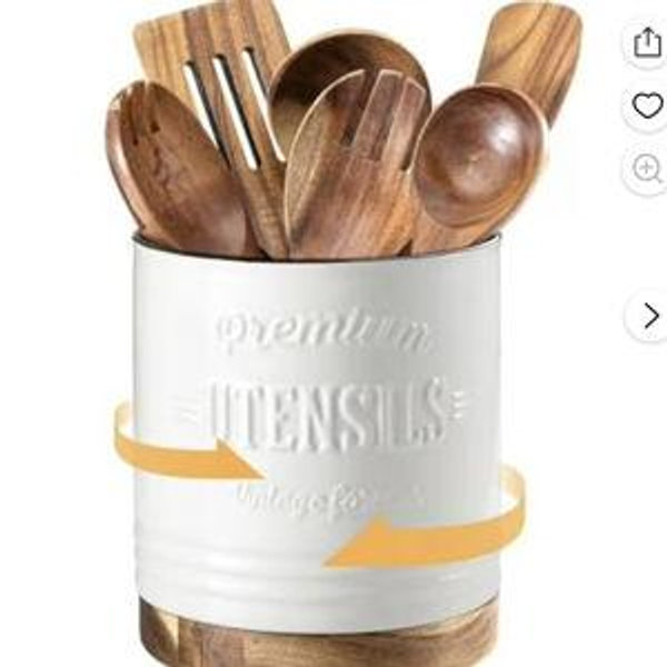 DOWAN 360° Rotating Extra Large Cooking Utensil Holder, 7.6" Kitchen Utensil Holder for Countertop, Utensil Crock for Farmhouse Kitchen Decor, Ceramic Stable Utensil Caddy, White Text