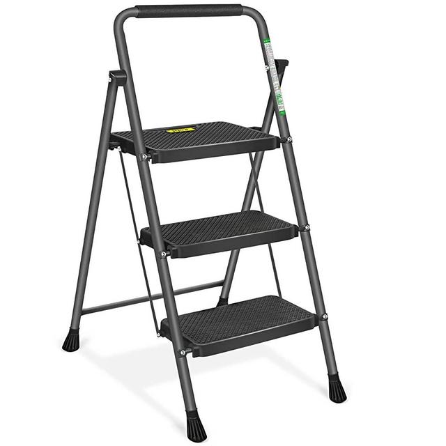 3 Step Ladder Folding Step Stool with Wide Anti-Slip Pedals and Comfort Handgrip for Kitchen Household and Office, Lightweight Capacity 330lbs Sturdy Step Ladder, Dark Grey