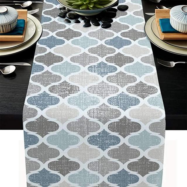 Moroccan Table Runner-Cotton linen-Long 108 inche Geometric Quatrefoil Lattice Dresser Scarves,Kitchen Coffee/Dining Farmhouse Tablerunner for Home Living Room,Holiday Dinner Scarf Décor,Blue Grey