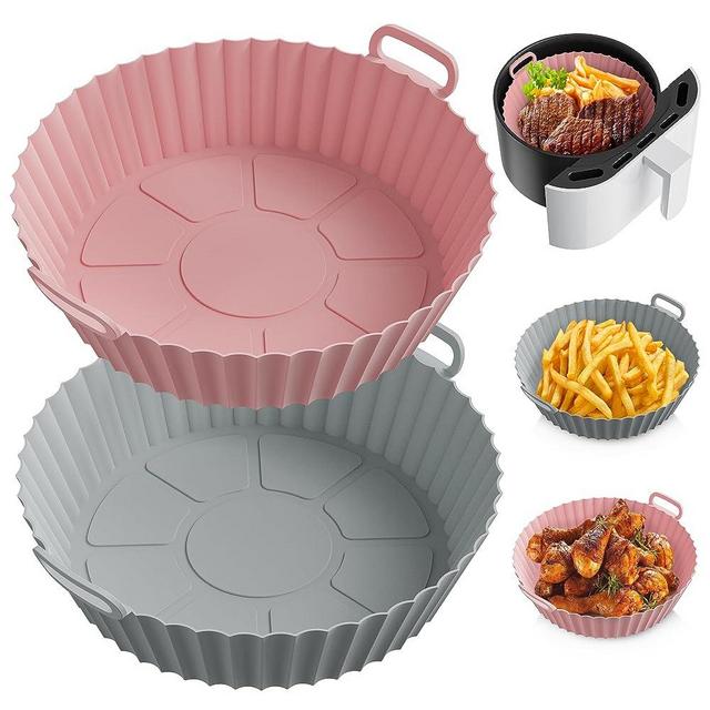 Air Fryer Silicone Liners for 4 to 7 QT [2 Pack] ME.FAN Air Fryer Silicone Liners Pot - Reusable Air Fryer Basket with Handles & Holes - Air Fryer Oven Accessories - Rose Pink+Light Grey