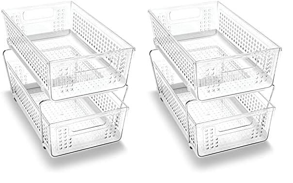 madesmart 2 Tier Organizer, Multi-Purpose Slide-Out Storage Baskets with Handles, Pack of 2, Plastic, Clear
