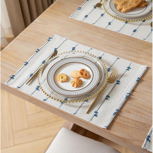 Boho Placemats Set of 6 for Dining Table Decor, Woven Cloth Place Mats for Farmhouse Rustic Kitche Home Decor, Cotton Placemats 13 x 19 Inch, Blue and Beige Table mats