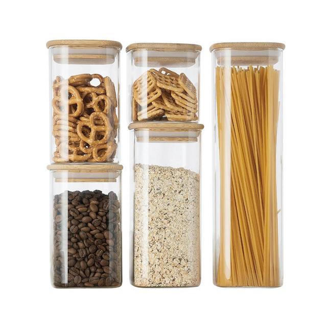 Genicook 5 Pc Glass Food Storage Jars, Borosilicate Glass Canister Set with Bamboo