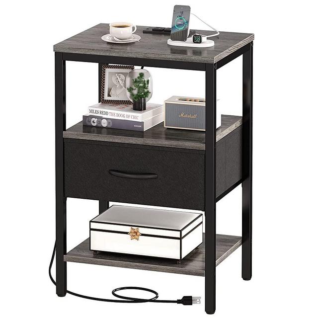 SUPERJARE End Table with Charging Station, Bed Side Table with Adjustable Fabric Drawer, Night Stand, 3-Tier Storage Nightstand, Fabric Drawer Dresser, for Living Room - Charcoal Gray