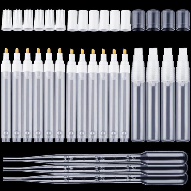 16 Pcs Refillable Acrylic Paint Markers 3 mm 6 mm 15 mm Empty Acrylic Markers White Refillable Paint Pen Round Tilted Flat Head Fillable Paint Pen with 3 ml Dropper for Oil Water Ink Art Painting Kit
