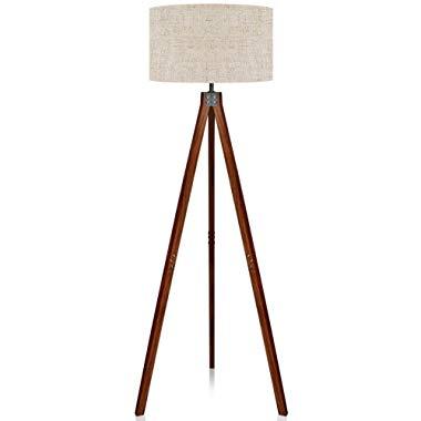 LEPOWER Wood Tripod Floor Lamp, Flaxen Lamp Shade with E26 Lamp Base, Modern Design Reading Light for Living Room, Bedroom, Study Room and Office