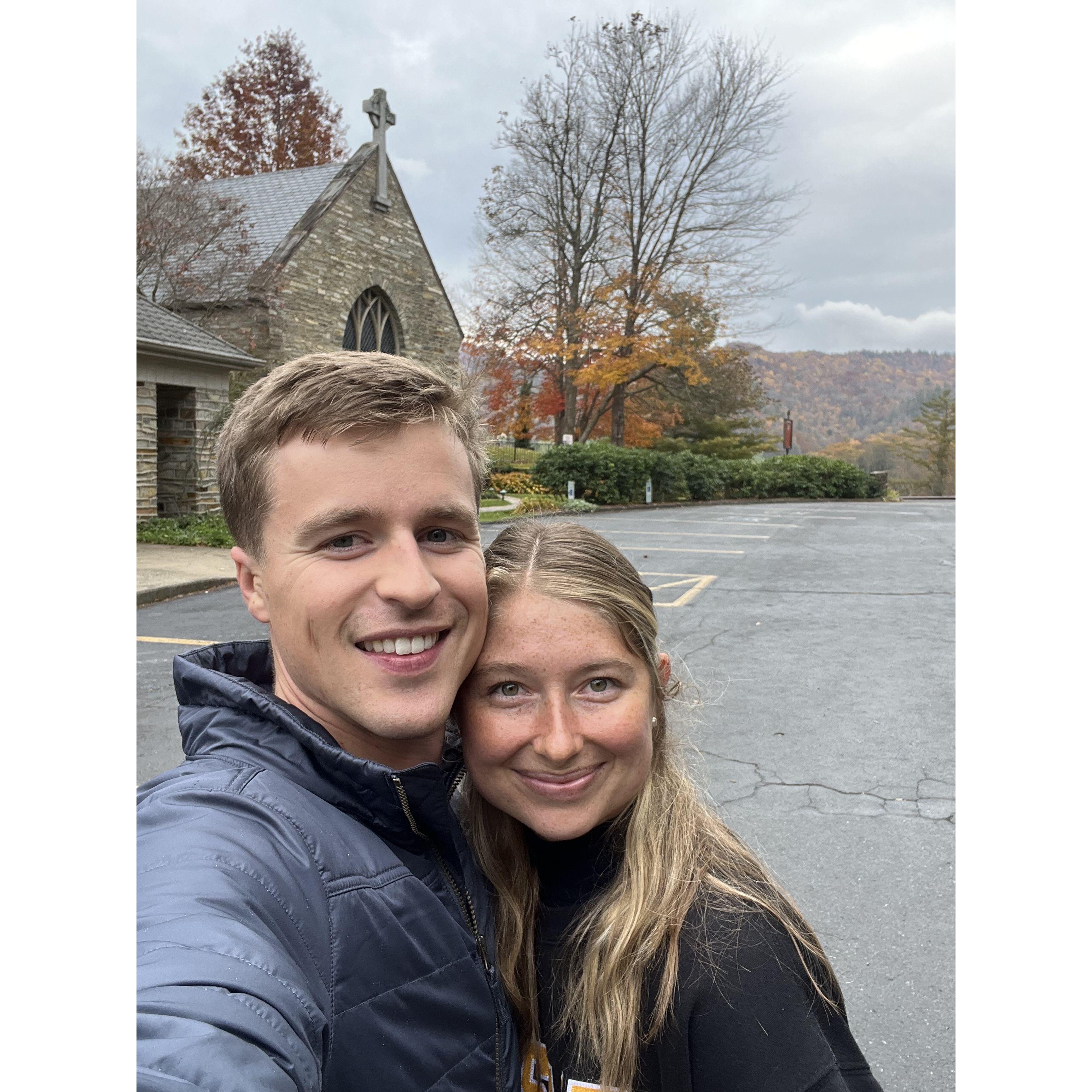 A picture of us in front of the church where we will be getting married!