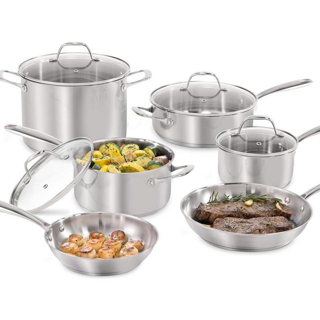 Guy Fieri's Flavortown 10-Piece Stainless Steel Cookware Set - Includes Frying Pans, Saucepans, Saute Pan and Stock Pot - Non-Toxic Pots and Pans, Oven-Safe up to 500F