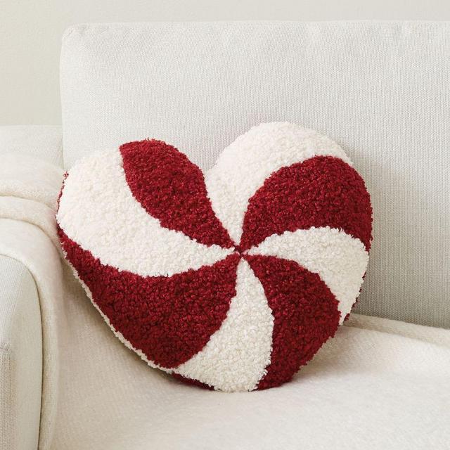 Peppermint Swirl Heart Shaped Pillow, Cardinal/Ivory, 15" x 16"