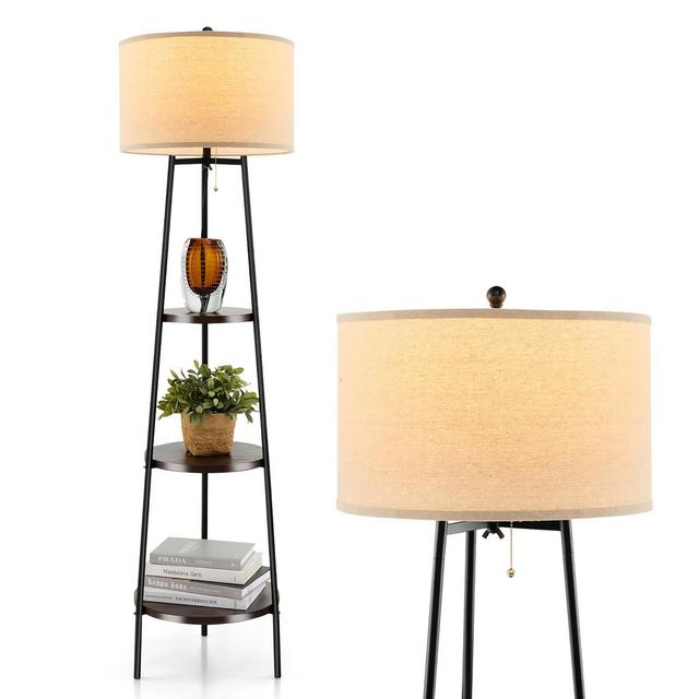 Tangkula Shelf Floor Lamp w/ Shelves & Linen Lampshade for Living Room Bedroom Office