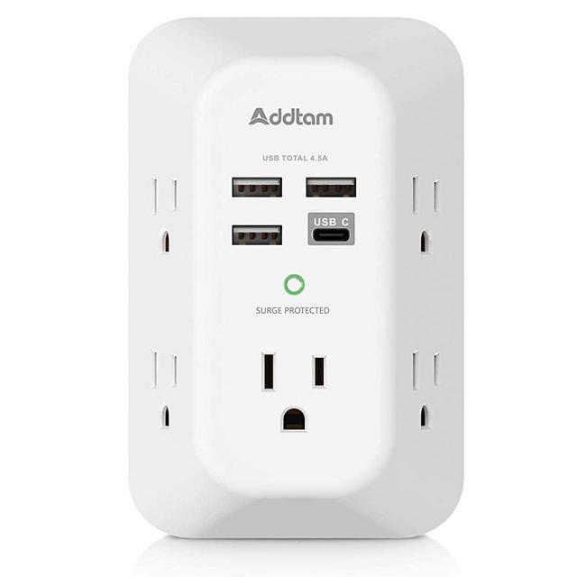 USB Wall Charger, Surge Protector, 5 Outlet Extender with 4 USB Charging Ports ( 1 USB C Outlet, 4.5A Total) 3-Sided 1800J Power Strip Multi Plug Outlets Wall Adapter Spaced for Home Travel Office