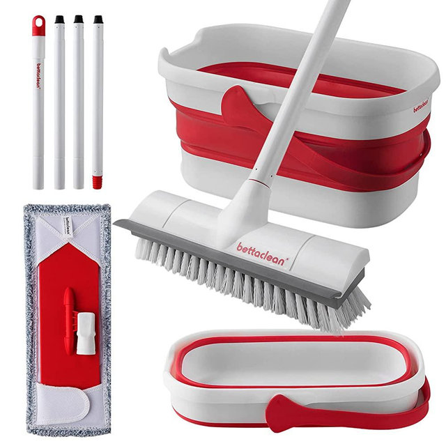 Flat Mop & Bucket System with Broom - Adjustable Broom & Microfiber Mop for Floor Cleaning with Collapsible Mop Bucket for Various Household Tasks - Mop & Bucket Set Cleaning Supplies by Bettaclean
