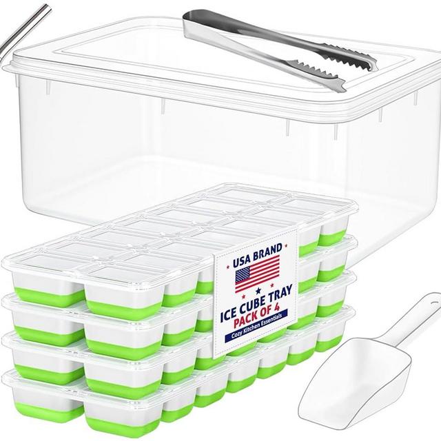 Ice Cube Trays with Lid and Bin, 4 Pack Premium 56pcs Stackable Silicone Plastic Ice Cube Trays for Freezer, BPA Free Ice Trays with Bin, Scoop, Tong and SS Straw, for Drinks,Coffee, Beer