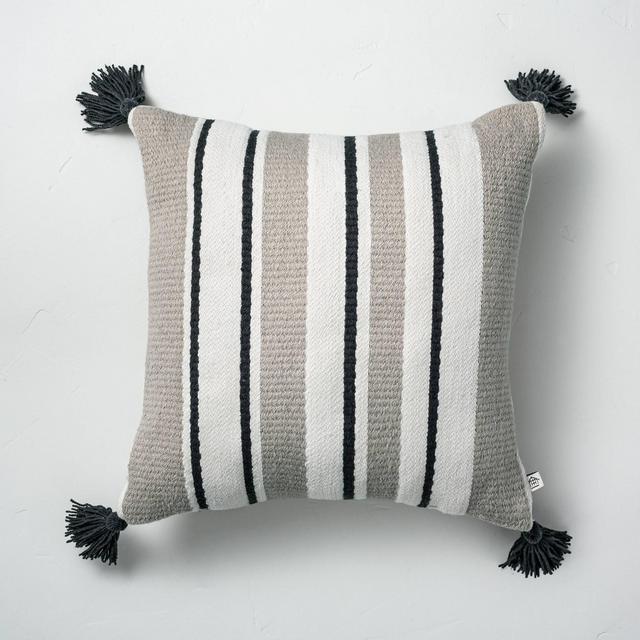 18" x 18" Multistripe Indoor/Outdoor Throw Pillow Black/Gray/Cream - Hearth & Hand™ with Magnolia