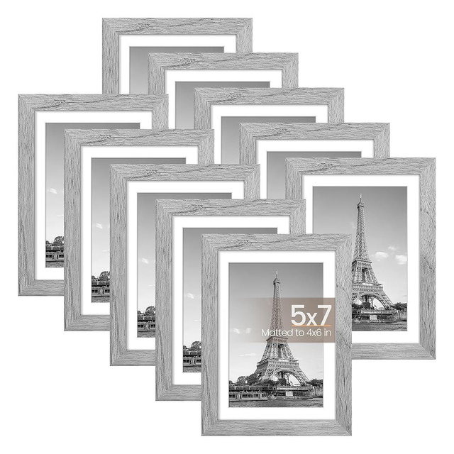upsimples 5x7 Picture Frame Set of 10, Display Pictures 4x6 with Mat or 5x7 Without, Multi Photo Frames Collage for Wall or Tabletop Display, Gray