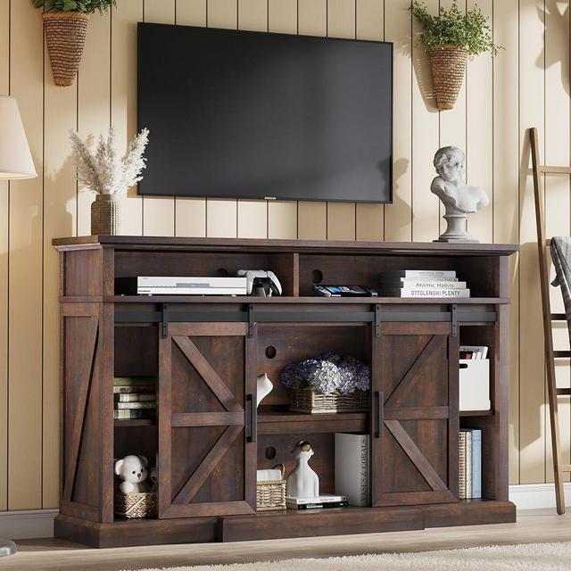 LUXOAK 66" Farmhouse TV Stand for 75 Inch TVs, 40" Tall Entertainment Center with Sliding Barn Doors, Rustic Media Console Table Storage Cabinet with Adjustable Shelves, Living Room, Sawdust Brown