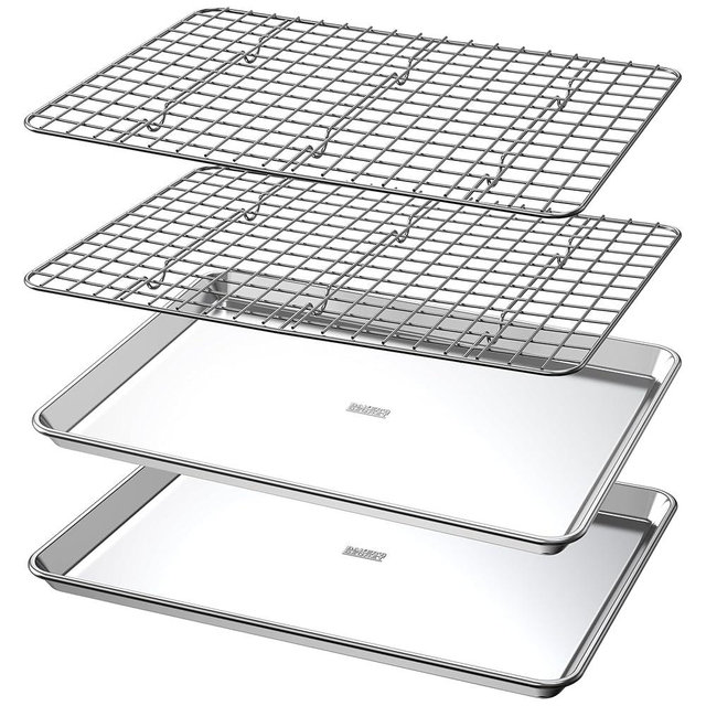 Baker's Secret 4pcs Set, 2x Baking Trays for Oven, 100% Recycled Aluminum, Non Toxic, Bakeware Set Cookie Sheet 13.6" with 2x Stainless Steel Rack Never Rust - The Natural Aluminum Collection