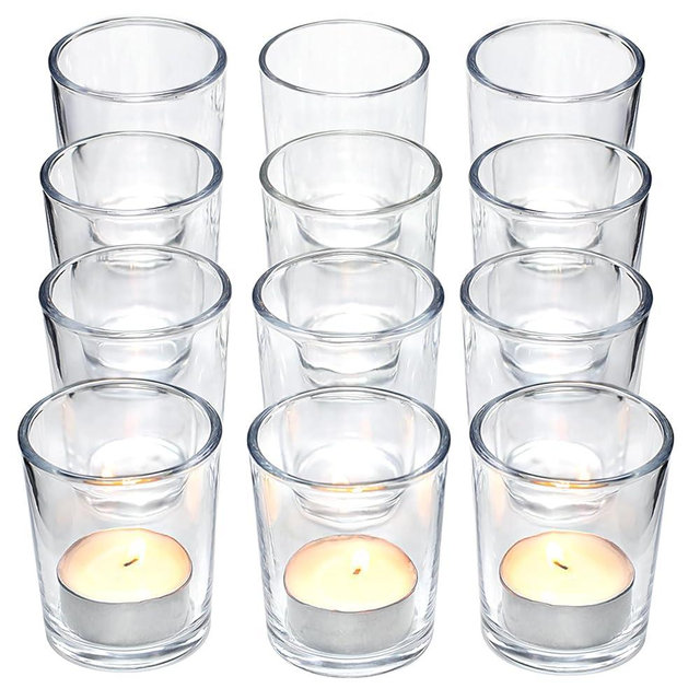 Letine 12-Pack Clear Votive Candle Holders - Glass Tea Light Holders with 12 Tea Lights for Wedding Decor, Bulk Votive Holders for Home Table Decor/Christmas & Thanksgiving