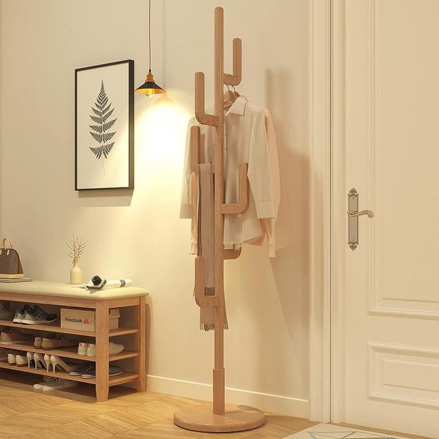 KungFuWood Coat Rack, Unique Design Cactus Coat Rack Freestanding, Adjustable Height Wooden Coat Rack Stand with 6 Hooks, Easy Assembly Coat Tree for Entryway, Bedroom,Coats,Bags(Natural)