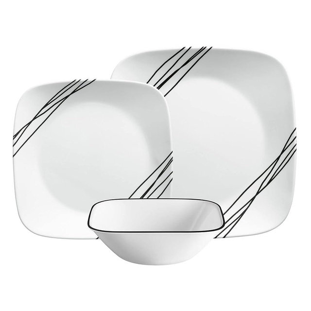 Corelle Dinnerware Set (12pc, Simple Sketch)-Dinner for 4 Includes x: Dinner Plates, Side & Bowls 3 X More Durable, Half The Space Weight of Ceramic up to 80% Recycled Glass, 1146920